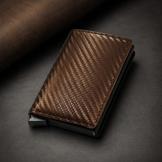 Carbon Leather Wallet For Men And Women With Box Pop Up Credit Card Holder Fashion Wallet RFID Blocking Wallet