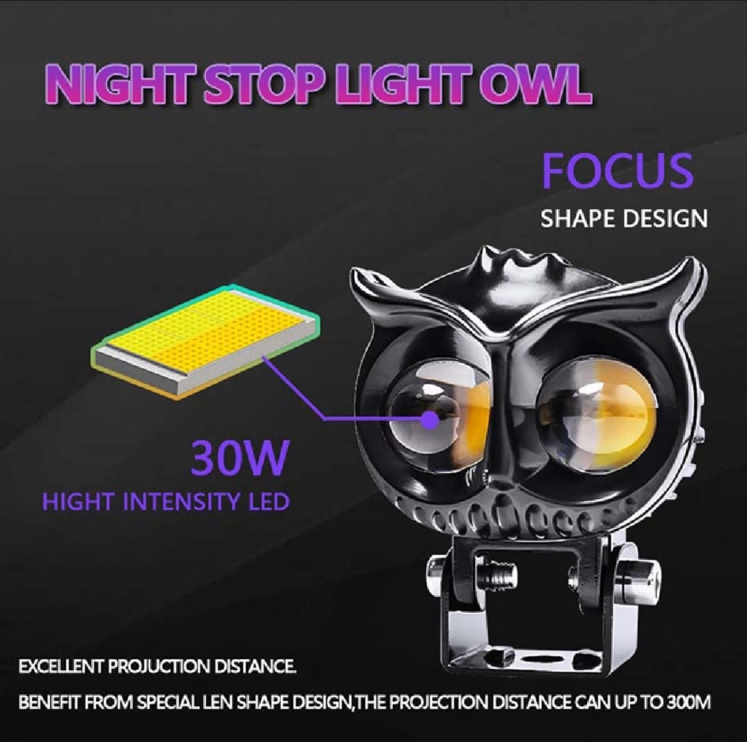 1 PCS OWL Shape Fog Yellow-White & Flash light Low & High Beam Owl Body Spot Light for All Cars And Bikes 9V-60V 40W